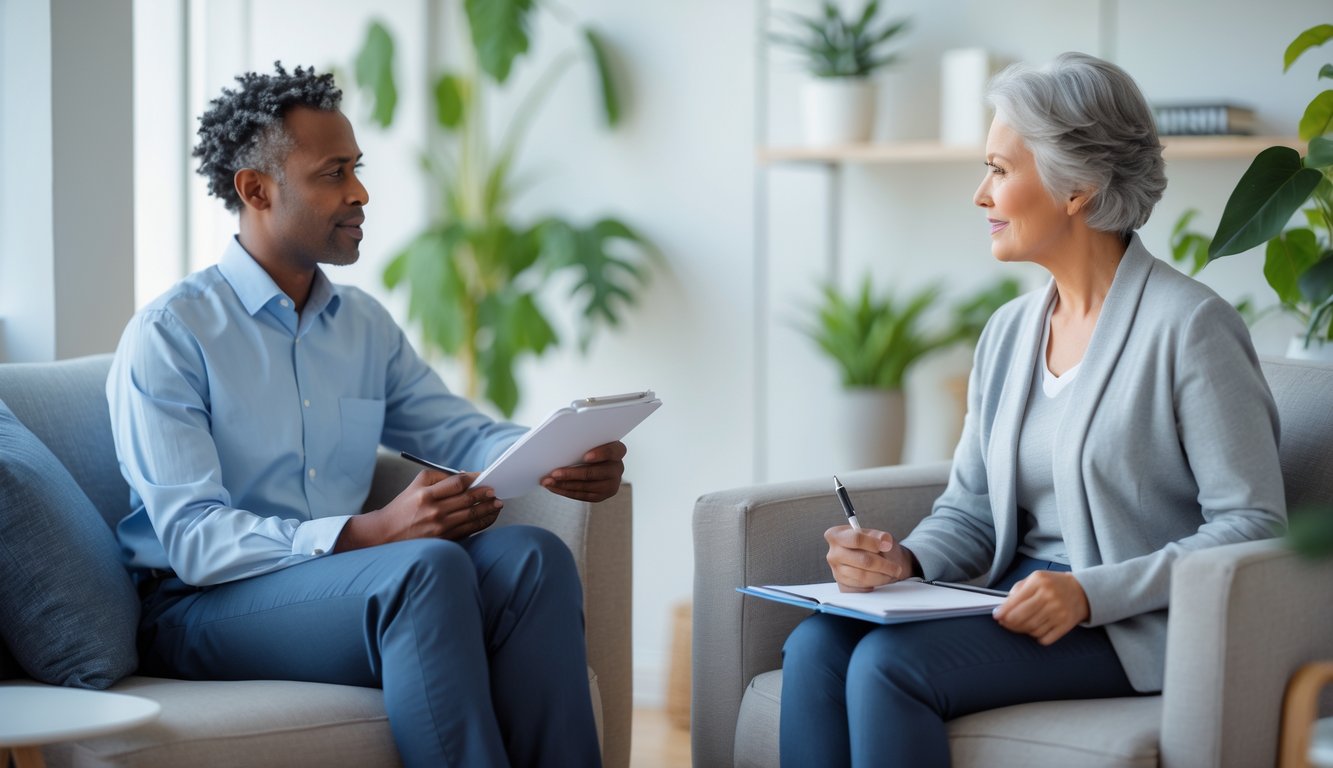 Sesi terapi kesehatan mental antara terapis dan pasien di ruangan yang nyaman dan terang.