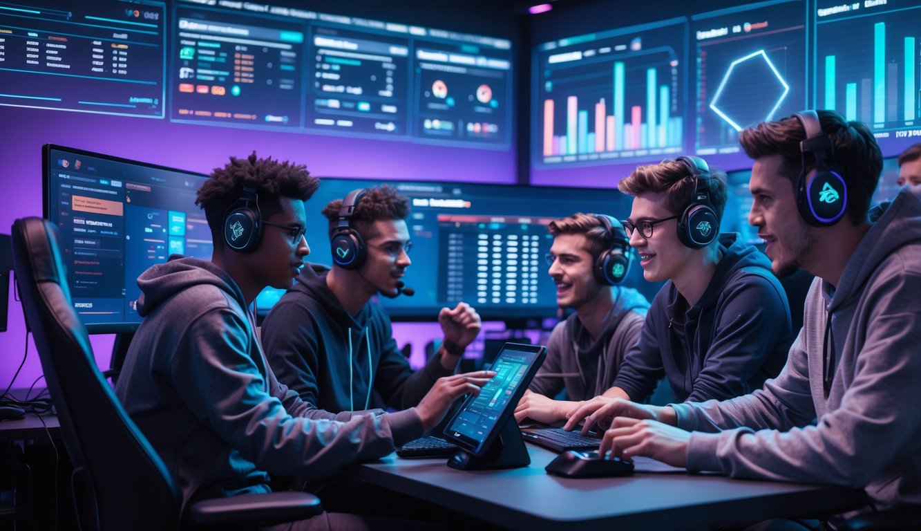 Sekelompok orang muda sedang menggunakan komputer dan perangkat gaming di sebuah ruang modern untuk taruhan esports.