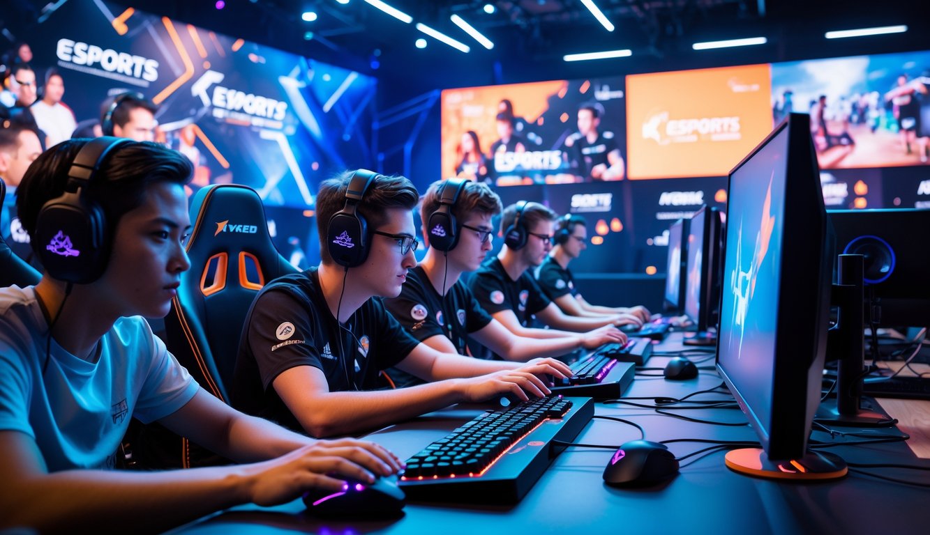 Beberapa pemain esports sedang fokus bermain di depan komputer dengan peralatan gaming modern di sebuah arena esports yang terang dan dinamis.