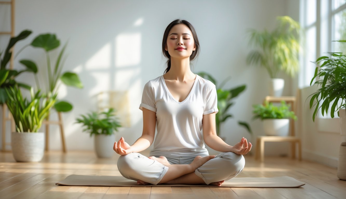 Seorang wanita muda duduk bersila dengan mata tertutup di ruangan terang, tampak tenang dan bahagia, dikelilingi tanaman hijau dan cahaya alami.