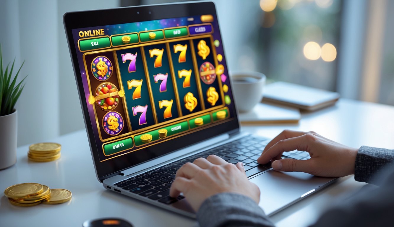 Seseorang menggunakan komputer dengan permainan slot online yang berwarna-warni di layar, di meja yang rapi dengan suasana nyaman.