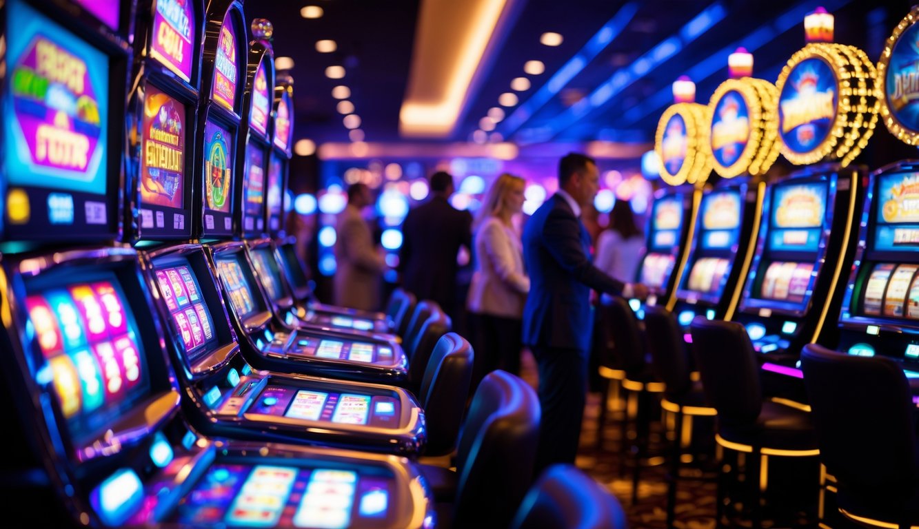 Suasana kasino dengan mesin slot berwarna-warni dan beberapa orang bermain di latar belakang.