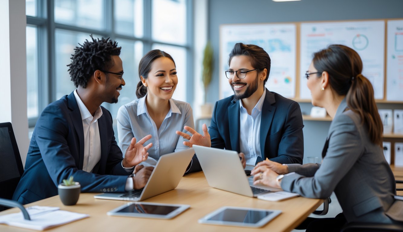 Empat karyawan sedang berdiskusi dengan antusias di ruang kantor modern.