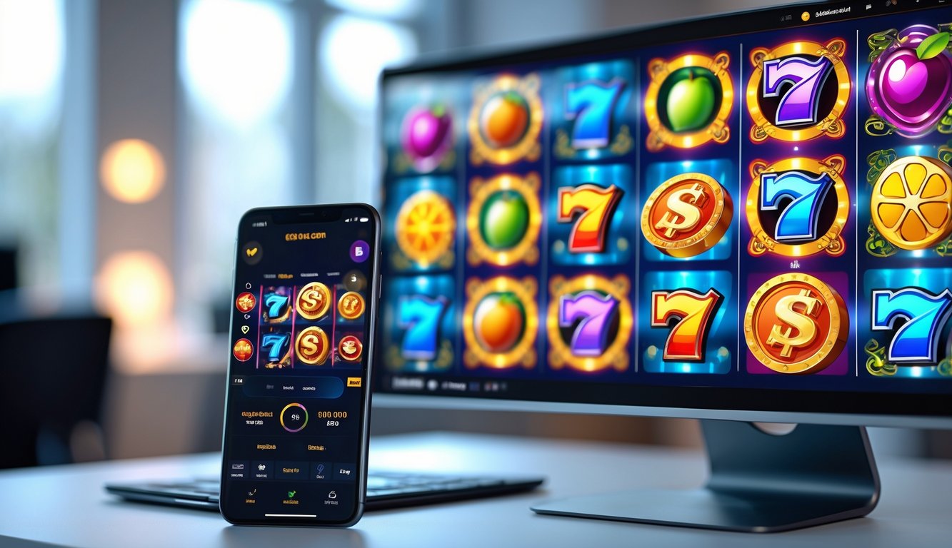 Antarmuka permainan slot online yang menampilkan gulungan berwarna-warni pada monitor komputer dan ponsel di atas meja kerja.