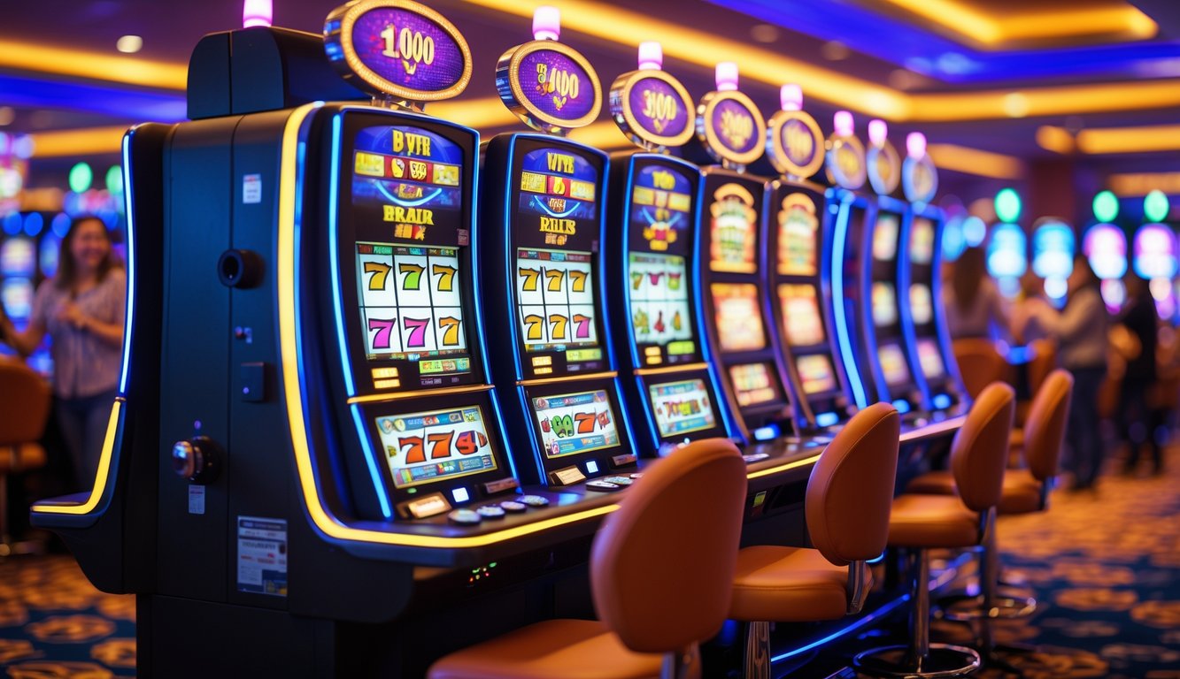 Suasana kasino dengan mesin slot modern yang menyala dan orang-orang yang sedang bermain dengan ekspresi senang.