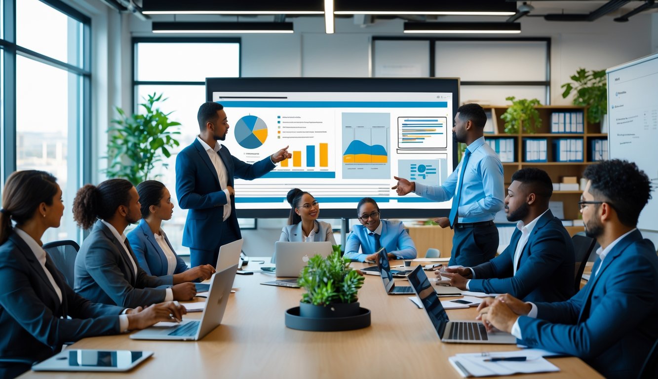 Sekelompok profesional sedang berdiskusi dan bekerja sama di ruang rapat kantor yang modern.