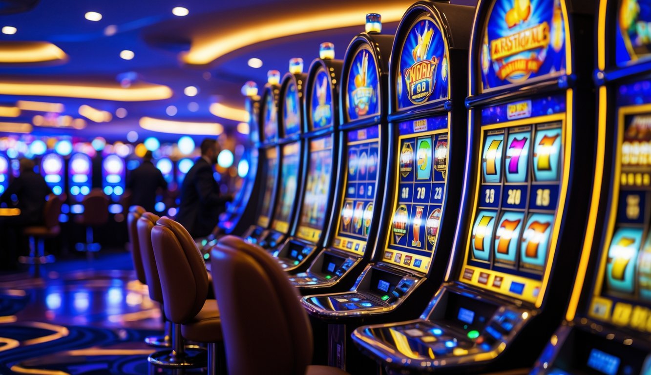 Suasana kasino dengan deretan mesin slot yang menyala dan beberapa pemain yang sedang bermain.