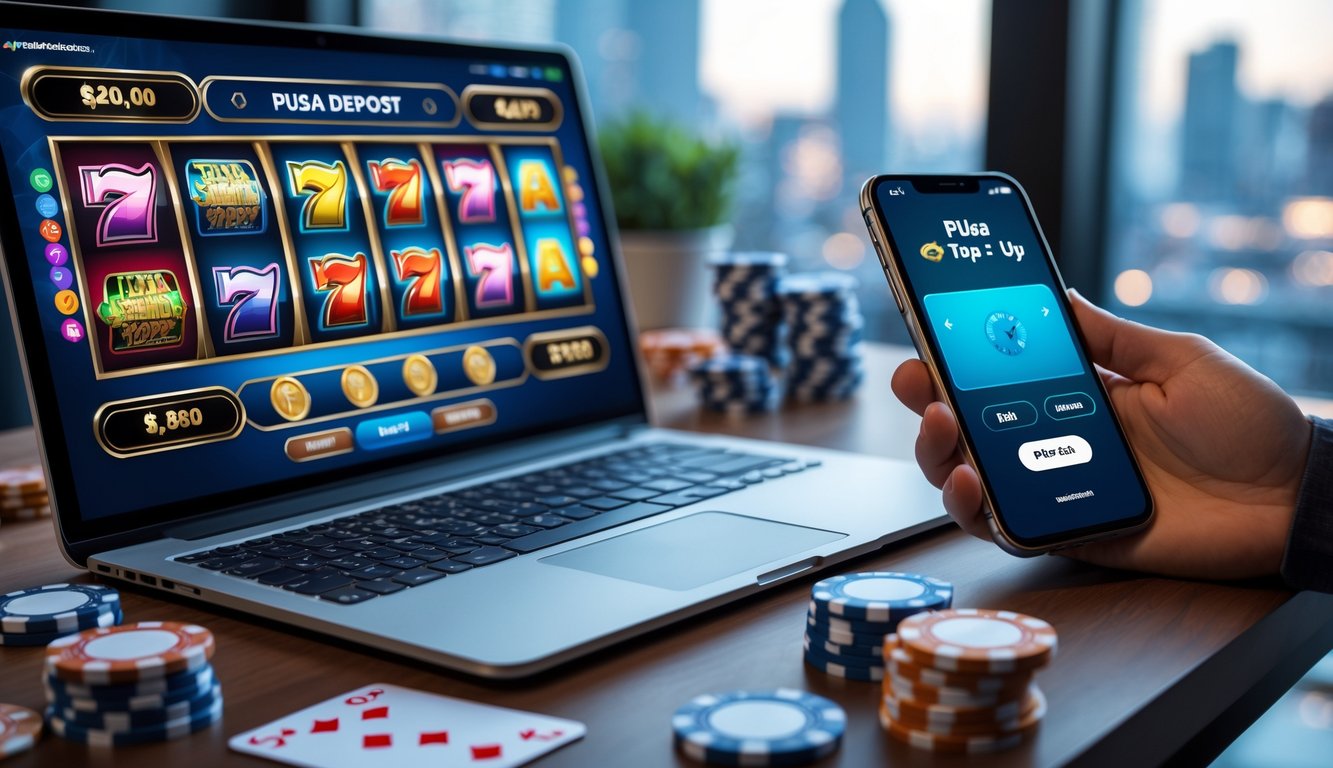 Seorang pengguna duduk di depan laptop dan ponsel yang menampilkan permainan slot dan antarmuka pengisian pulsa di sebuah ruang kerja modern.