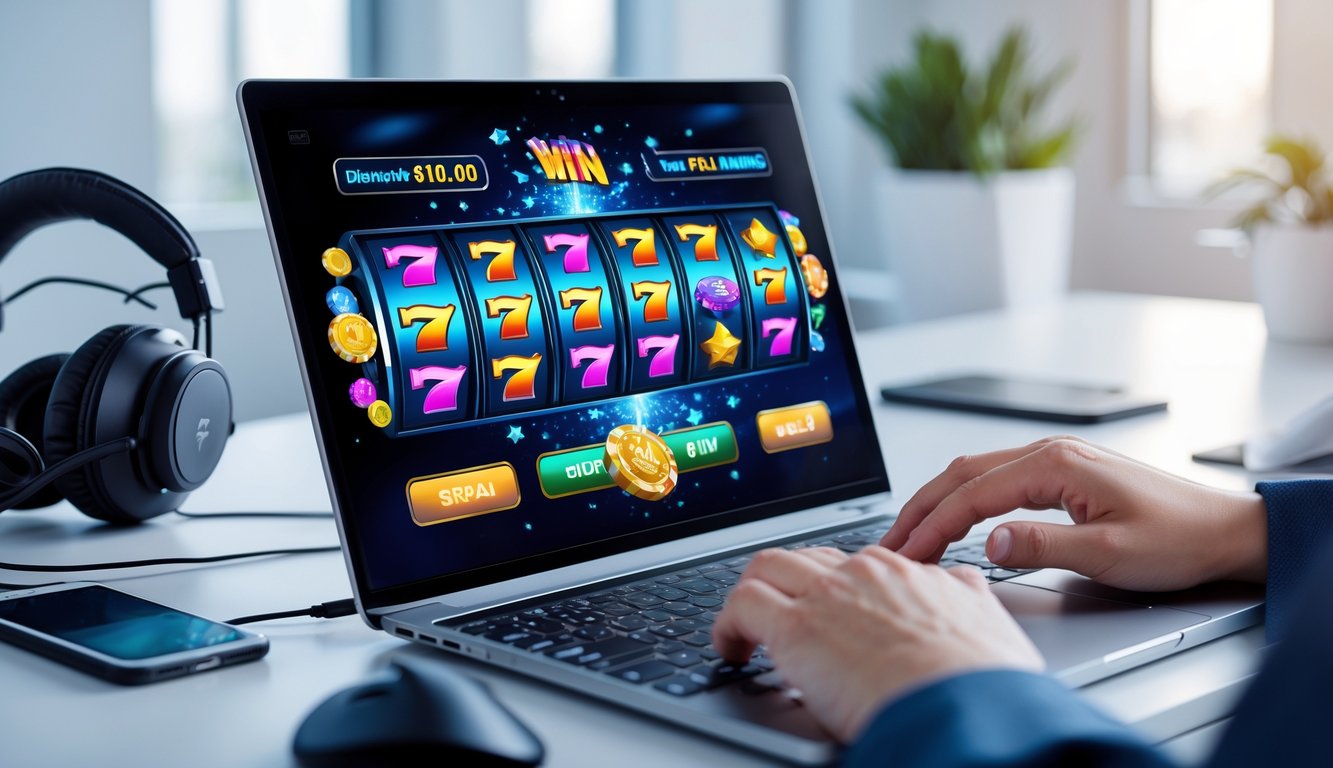 Seseorang menggunakan laptop dengan tampilan permainan slot online yang berwarna-warni di layar.