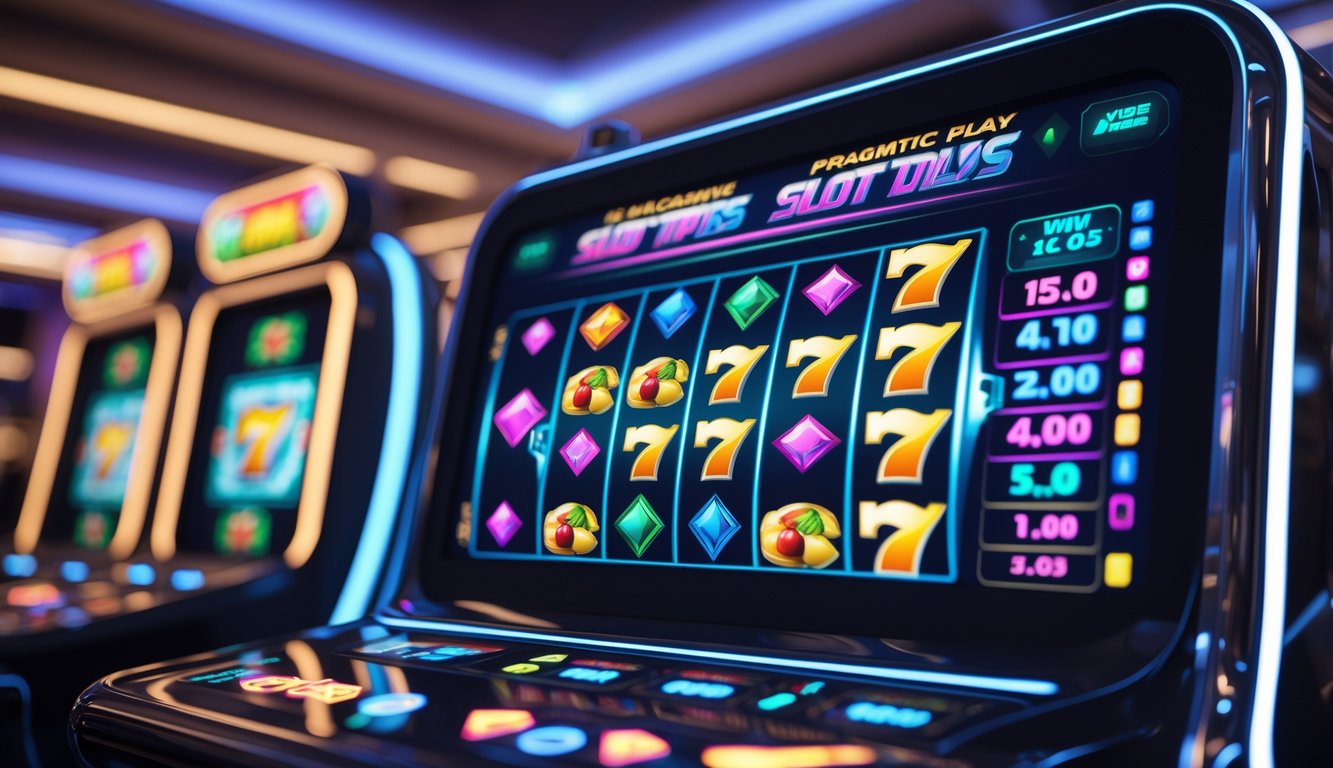 Mesin slot digital modern dengan gulungan berwarna-warni di dalam lounge permainan yang bergaya dan terang.