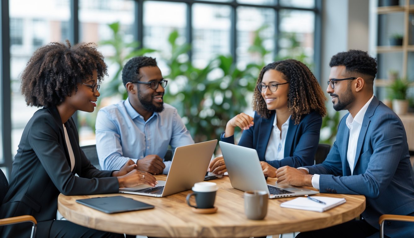 Empat rekan kerja sedang berdiskusi dan berkomunikasi di ruang kantor modern.