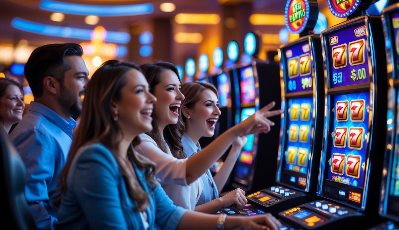 Beberapa orang baru bermain mesin slot di kasino dengan ekspresi antusias dan latar belakang mesin slot berwarna-warni.