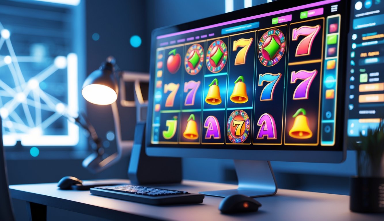 Sebuah ruang kerja modern dengan komputer menampilkan permainan slot online yang berwarna-warni dan dinamis.