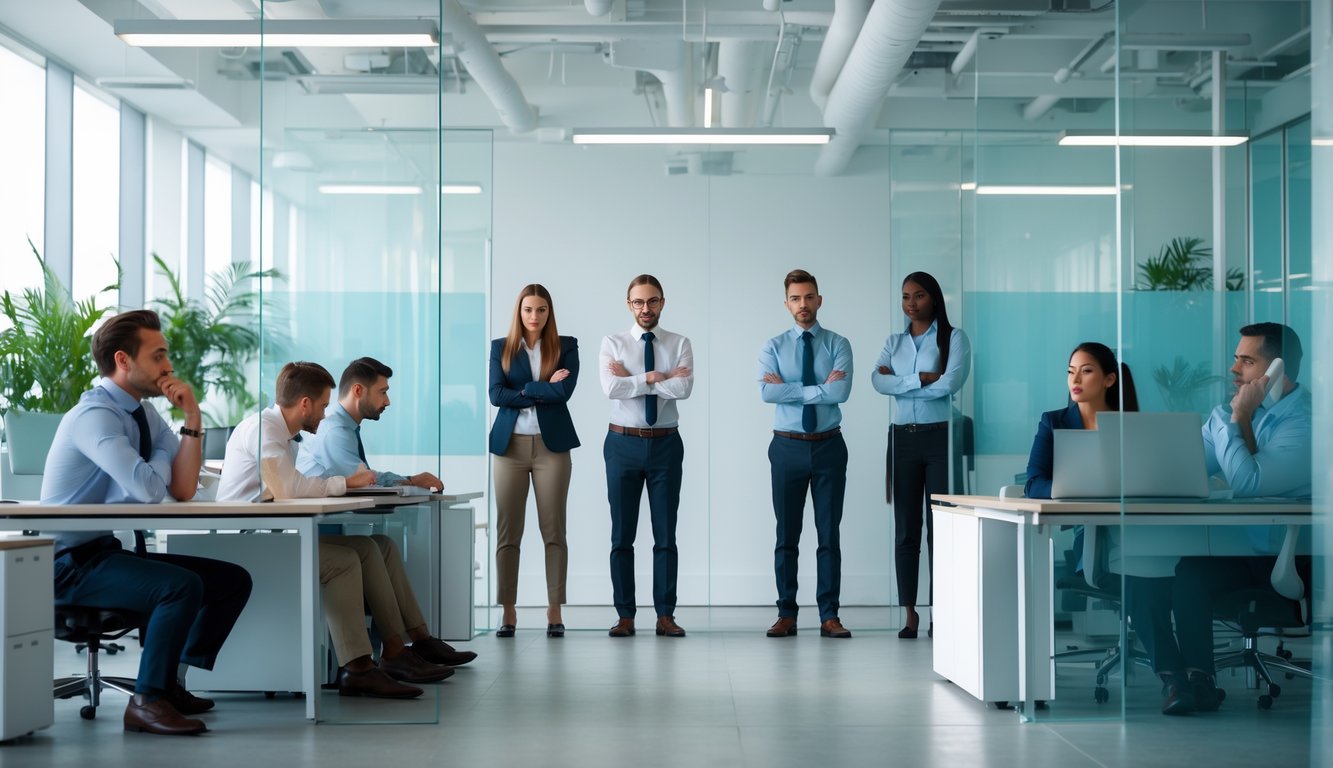 Beberapa karyawan di kantor terlihat bingung dan frustrasi saat mencoba berkomunikasi dengan adanya pembatas transparan di antara mereka.
