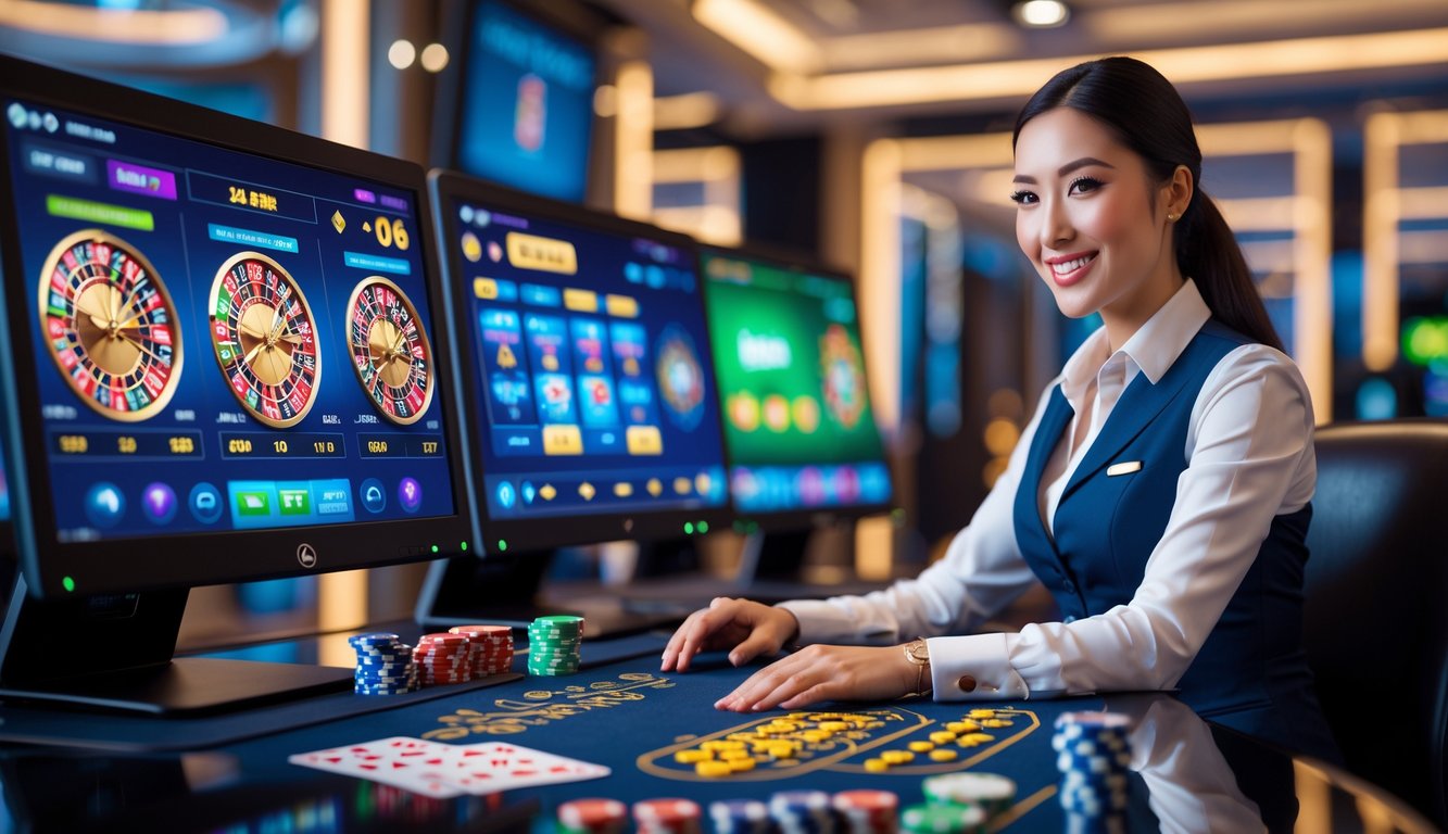 Seorang dealer wanita tersenyum di meja kasino dengan kartu dan chip, di depan layar komputer yang menampilkan permainan kasino langsung.