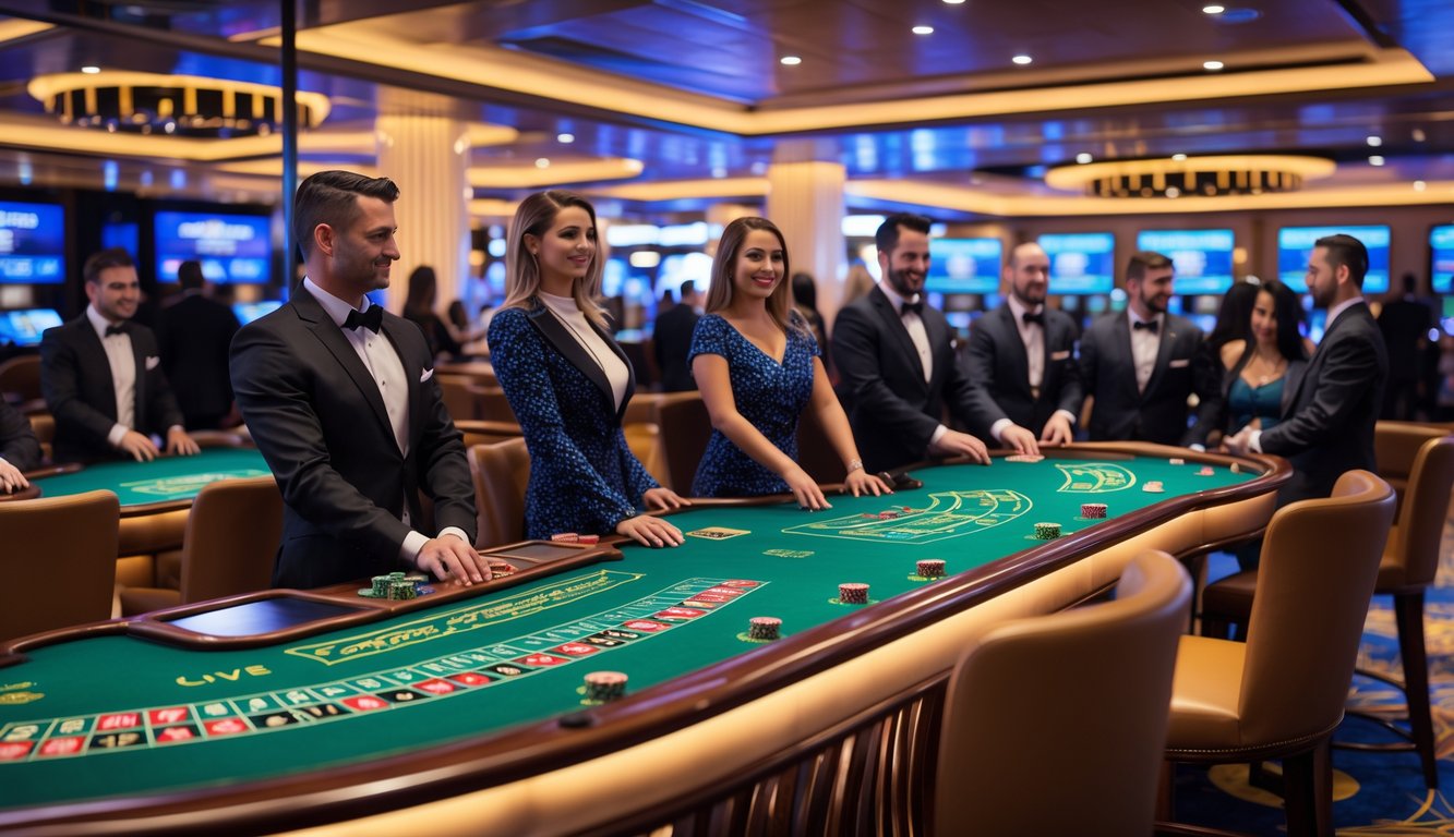 Suasana kasino langsung resmi dengan meja permainan dan dealer yang sedang melayani pemain.