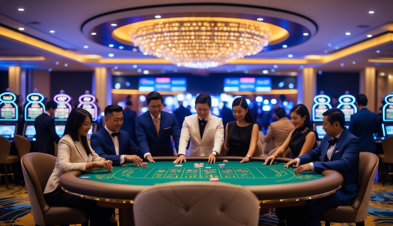 Suasana kasino langsung di Indonesia dengan orang-orang bermain permainan kasino di meja hijau dan dealer yang melayani pemain.