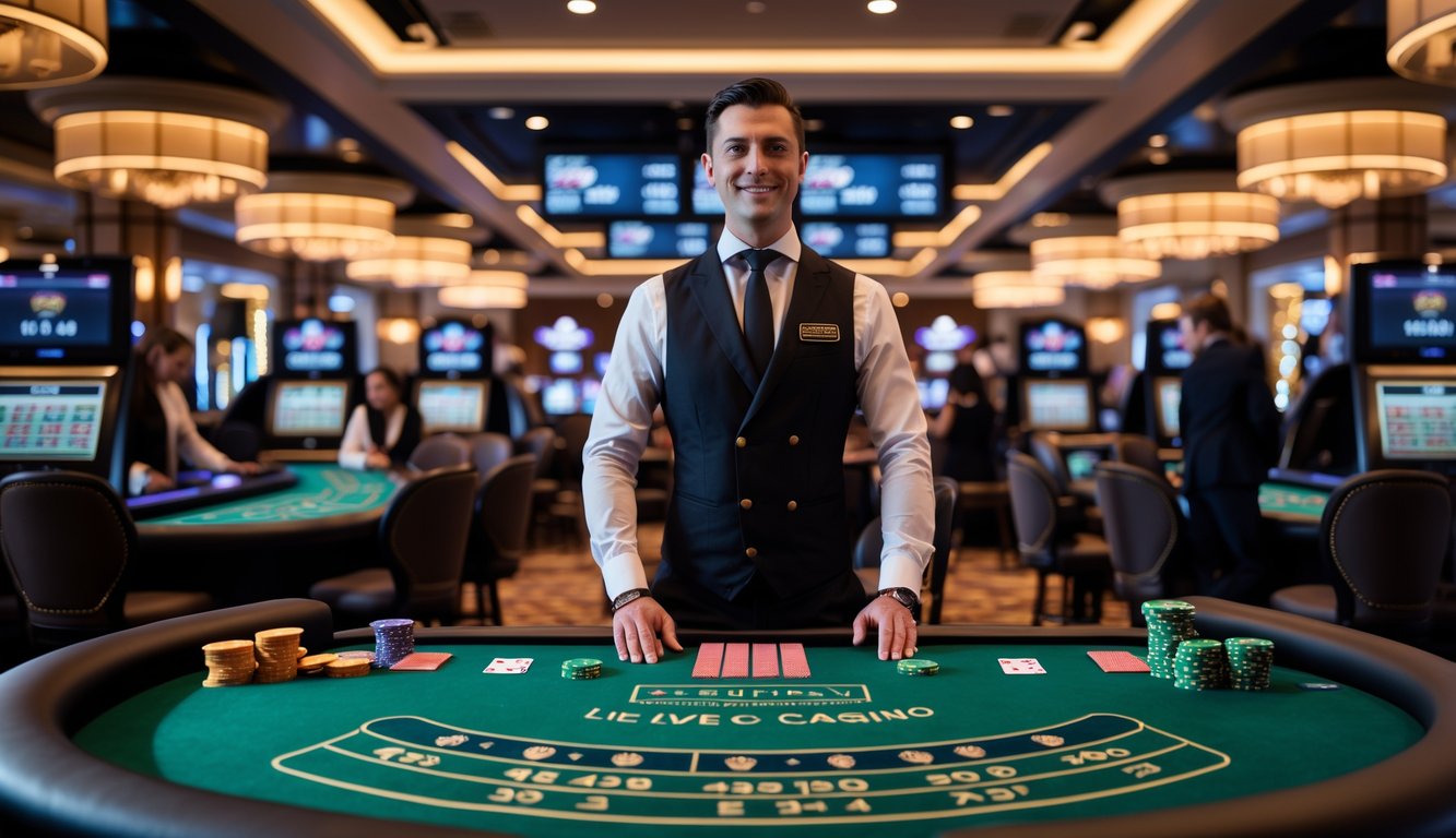 Seorang dealer profesional berdiri di belakang meja permainan kasino dengan pemain yang sedang bermain di latar belakang.