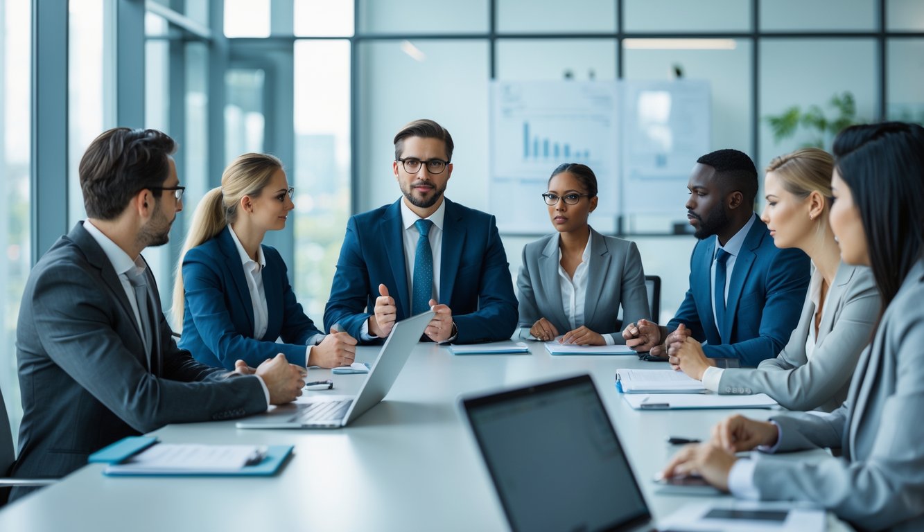 Sekelompok profesional bisnis sedang berdiskusi dengan sikap sopan dan perhatian di ruang rapat kantor yang terang.