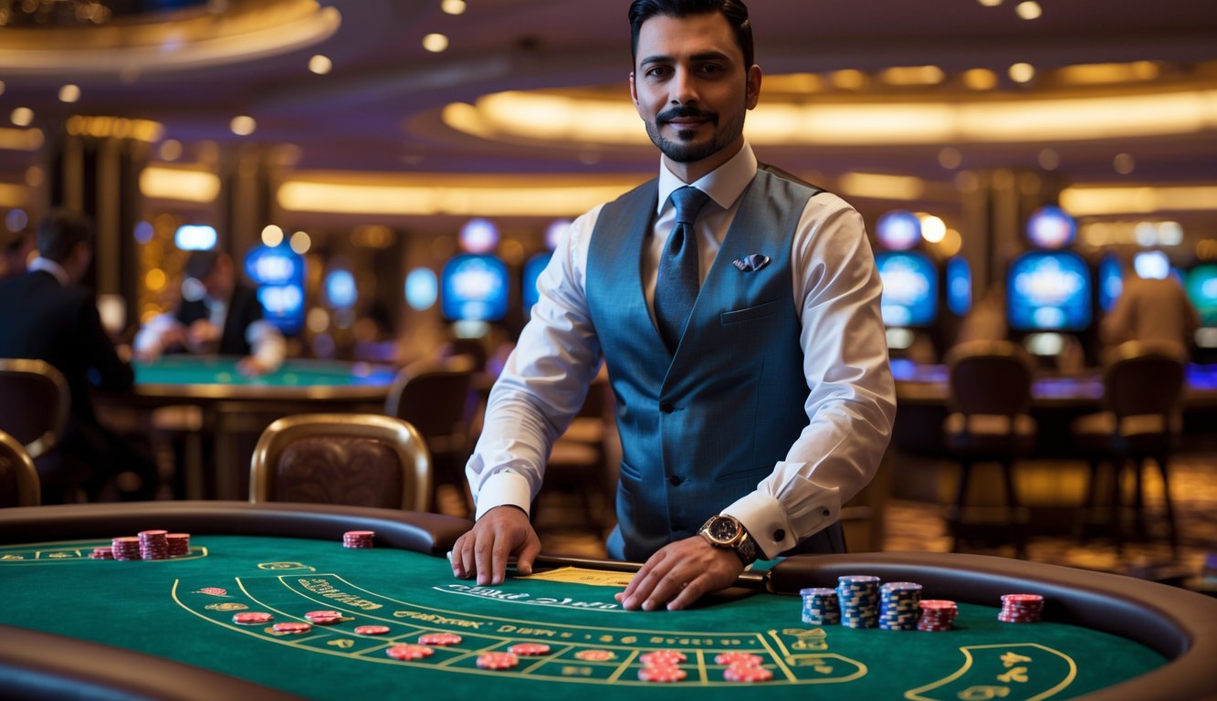 Seorang dealer kasino langsung profesional sedang melayani di meja permainan dengan kartu dan chip di kasino mewah.