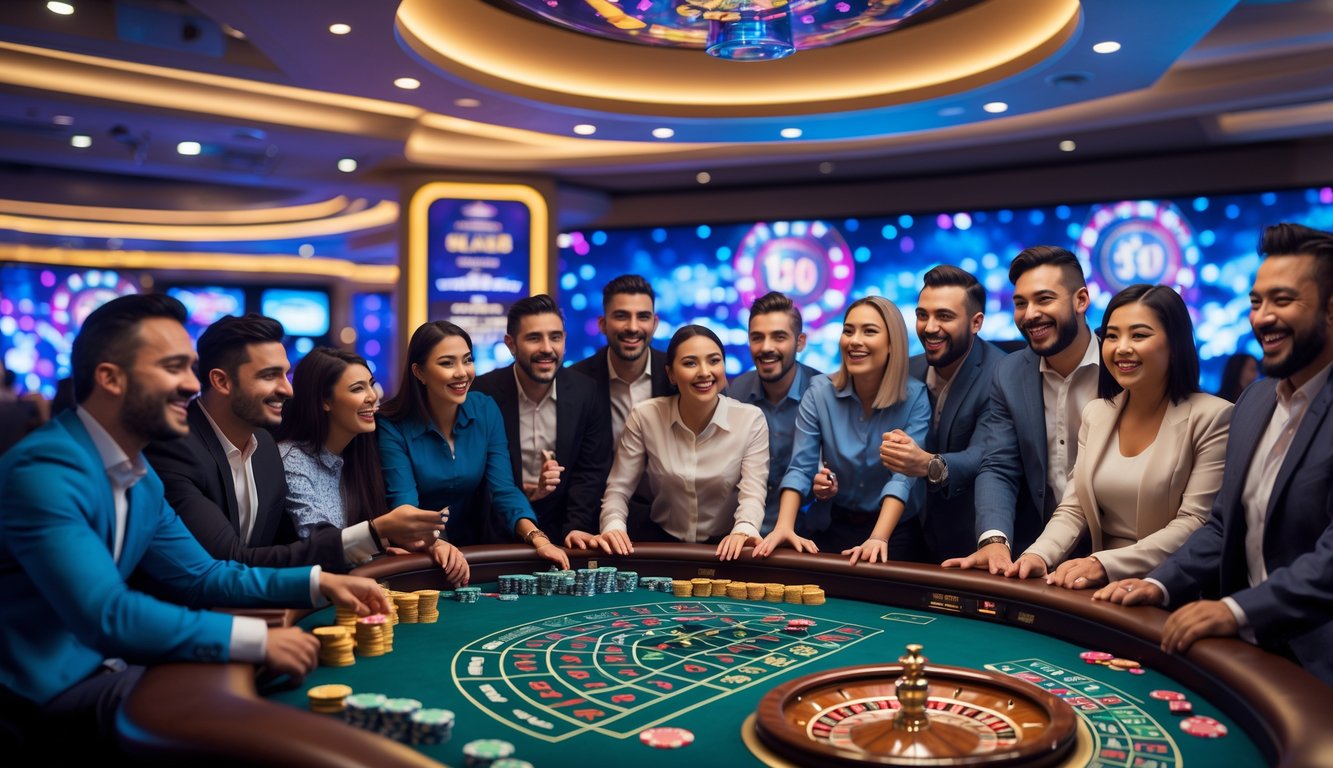 Sekelompok orang menikmati permainan kasino langsung di meja dengan chip dan kartu, tampak bersemangat dan antusias.