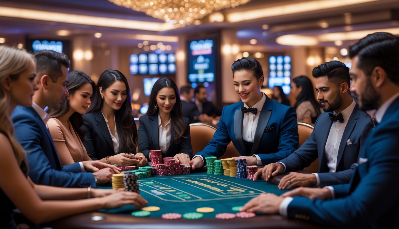 Sejumlah pemain berpakaian rapi duduk di meja kasino dengan dealer yang sedang membagikan kartu di ruangan kasino yang elegan.