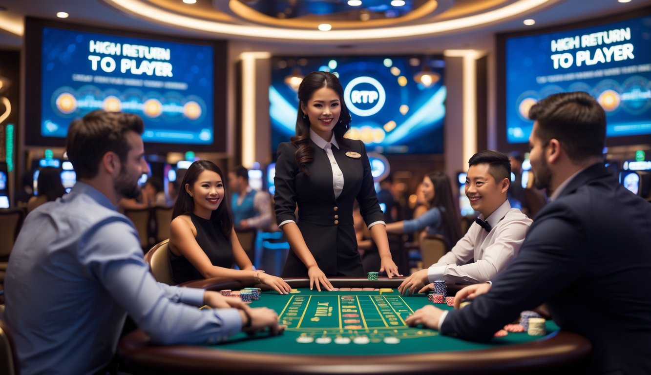 Suasana kasino langsung dengan beberapa pemain dan dealer di meja permainan yang mewah dan terang.