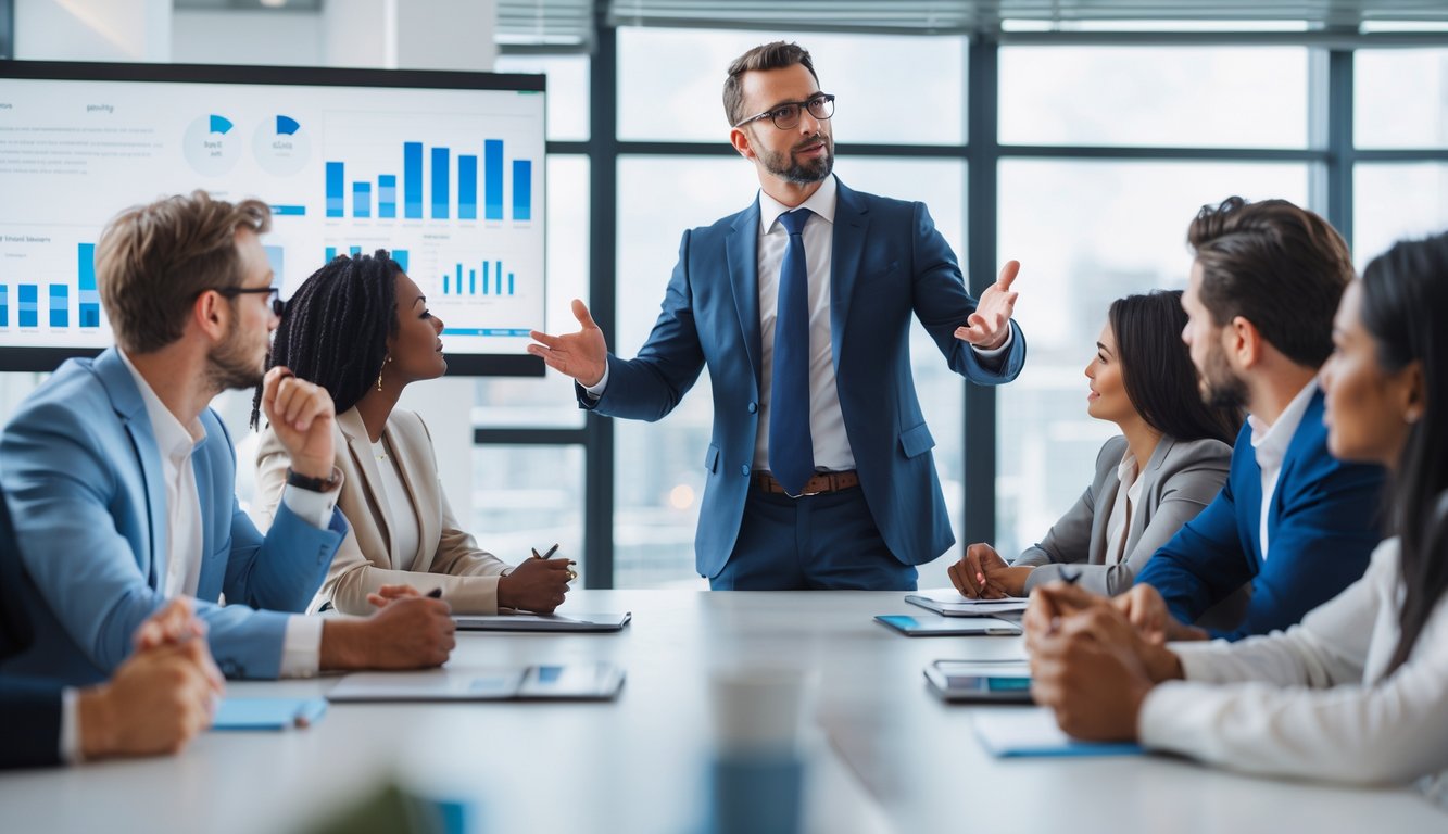 Seorang pemimpin bisnis sedang berbicara dan berkomunikasi dengan anggota tim yang mendengarkan dengan fokus di ruang rapat kantor.