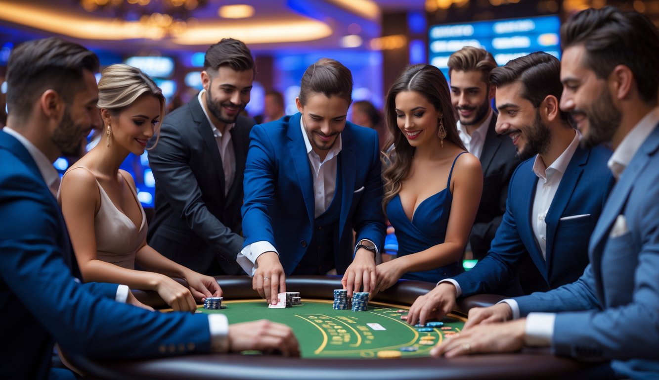 Sejumlah pemain dan dealer sedang bermain di meja kasino langsung dengan suasana mewah dan pencahayaan hangat.