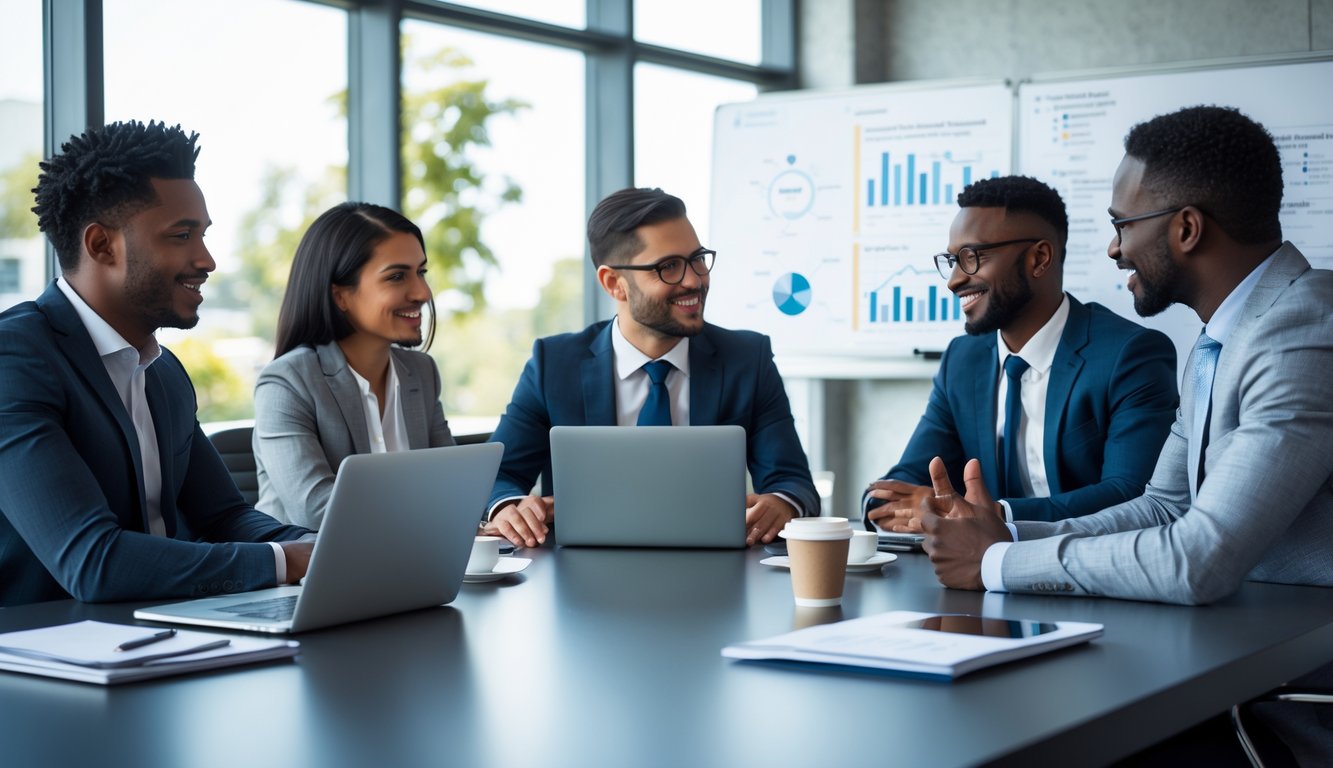 Sekelompok profesional bisnis sedang berdiskusi dan bekerja sama di ruang kantor modern.