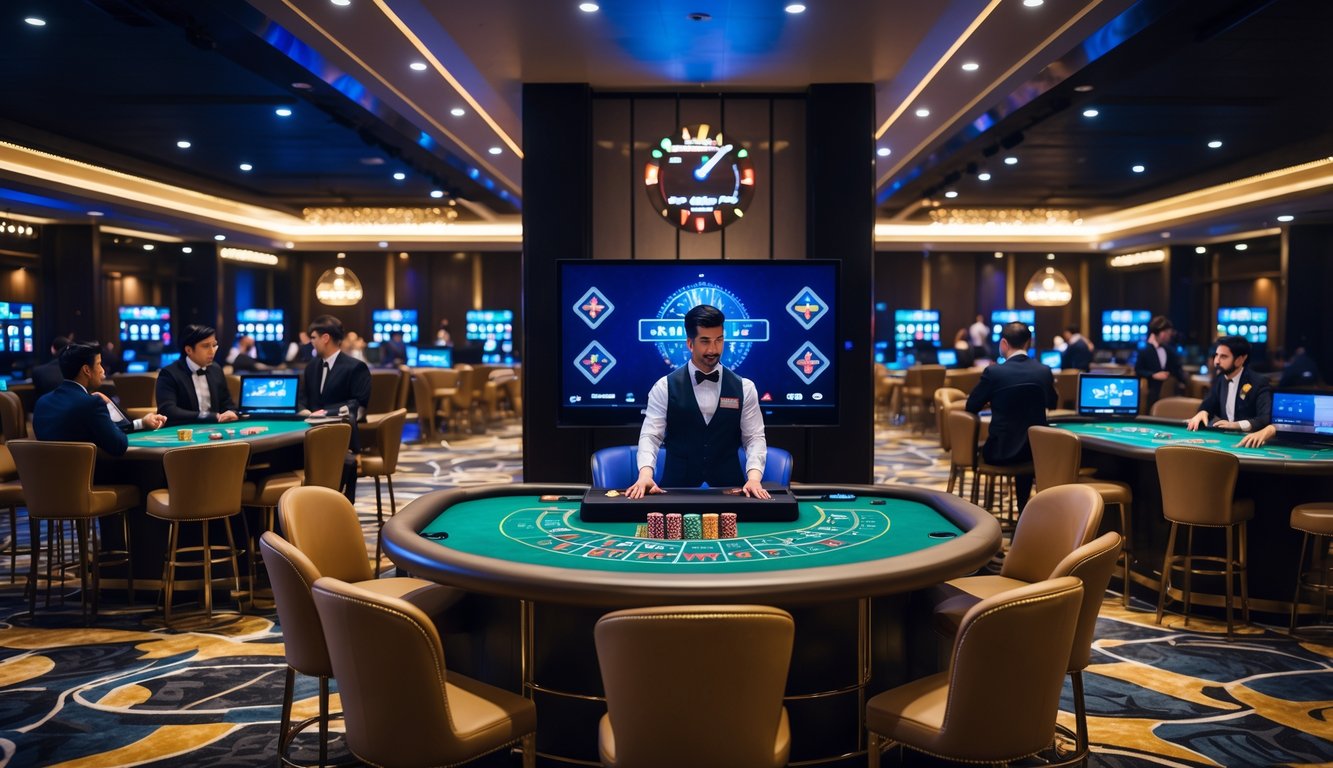 Suasana kasino langsung yang modern dengan dealer dan pemain yang berinteraksi melalui perangkat elektronik pada berbagai meja permainan.