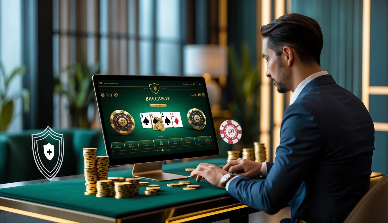 Seseorang sedang bermain baccarat online di komputer di ruang kerja yang nyaman dan modern.