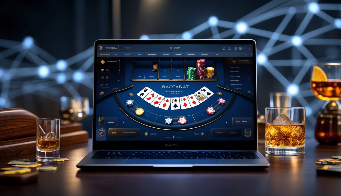 Sebuah perangkat komputer menampilkan permainan baccarat online dengan kartu dan chip terlihat, dikelilingi suasana mewah dan pencahayaan lembut.