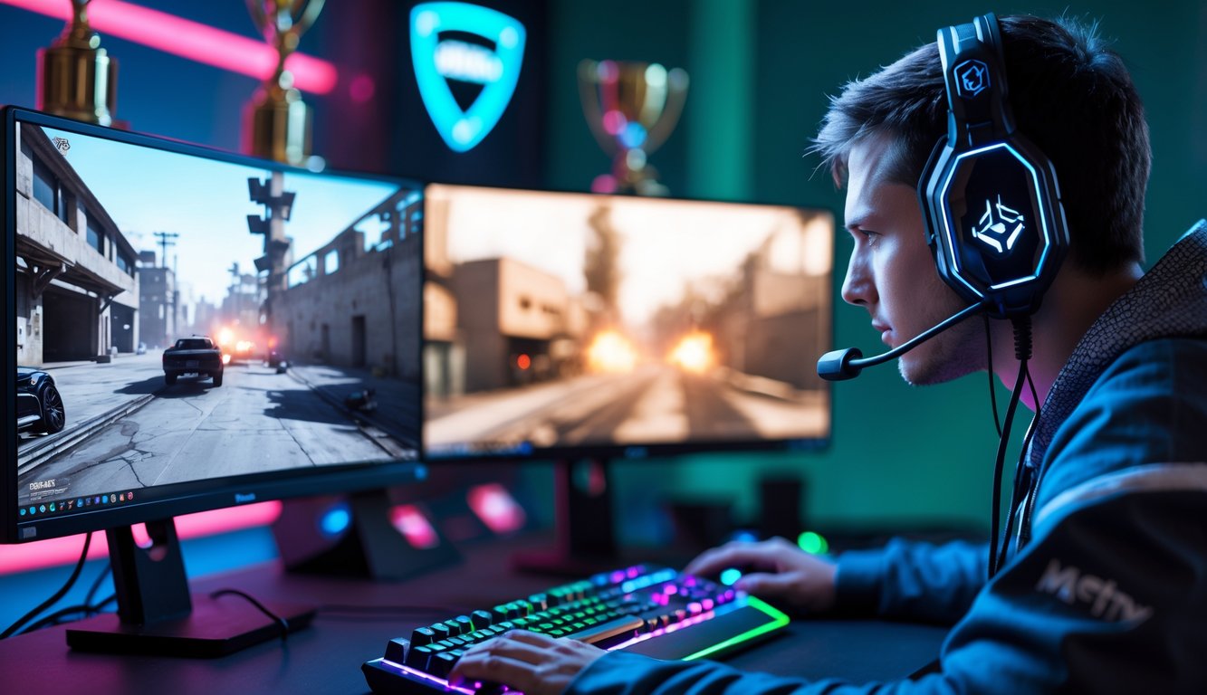 Seorang pemain game sedang fokus bermain di depan dua monitor dengan suasana kompetisi esports dan peralatan gaming modern.