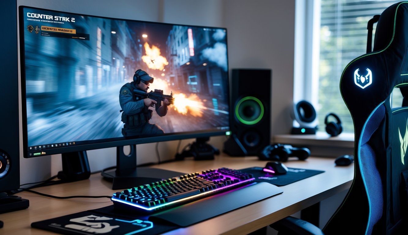 Sebuah setup komputer modern dengan layar menampilkan permainan tembak-menembak, keyboard dan mouse gaming dengan pencahayaan RGB, serta kursi gaming di ruangan yang terang.