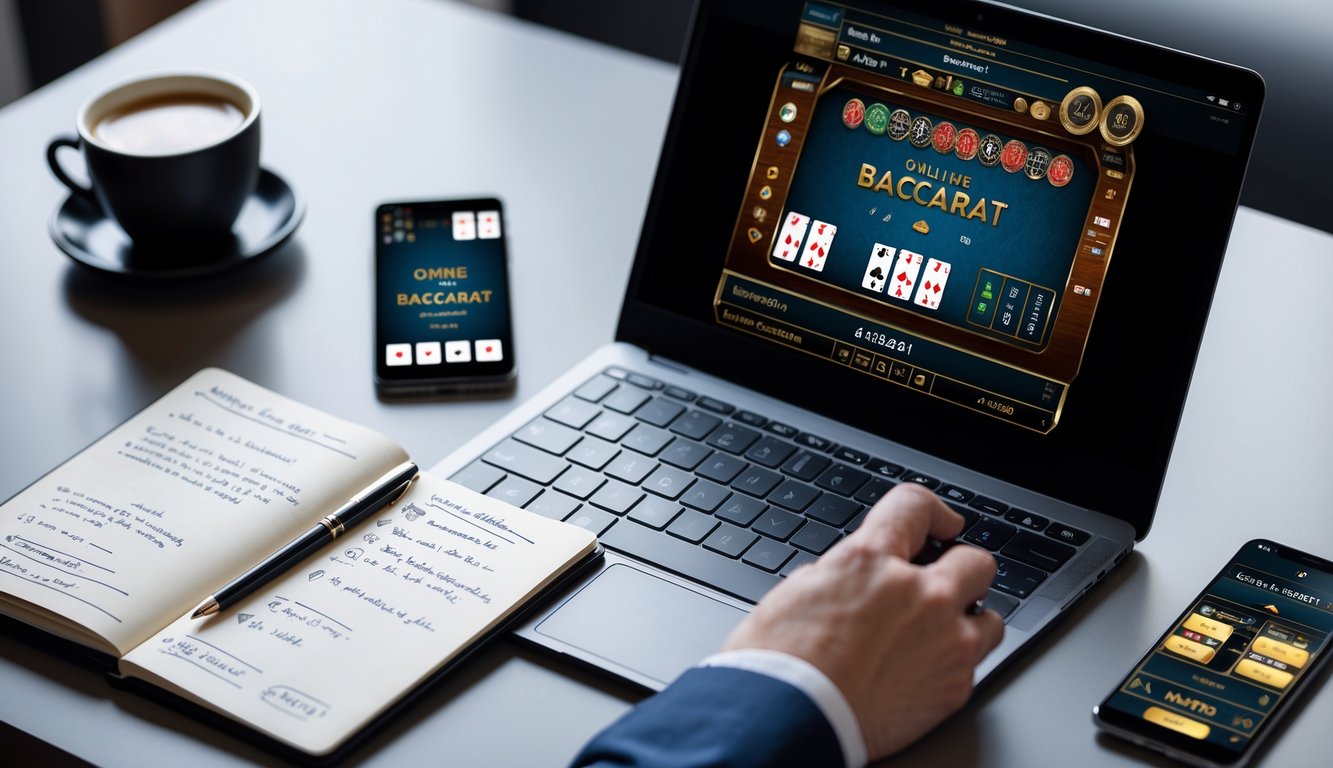 Seorang profesional sedang merencanakan strategi permainan baccarat online di depan laptop dengan catatan dan alat tulis di meja kerja.
