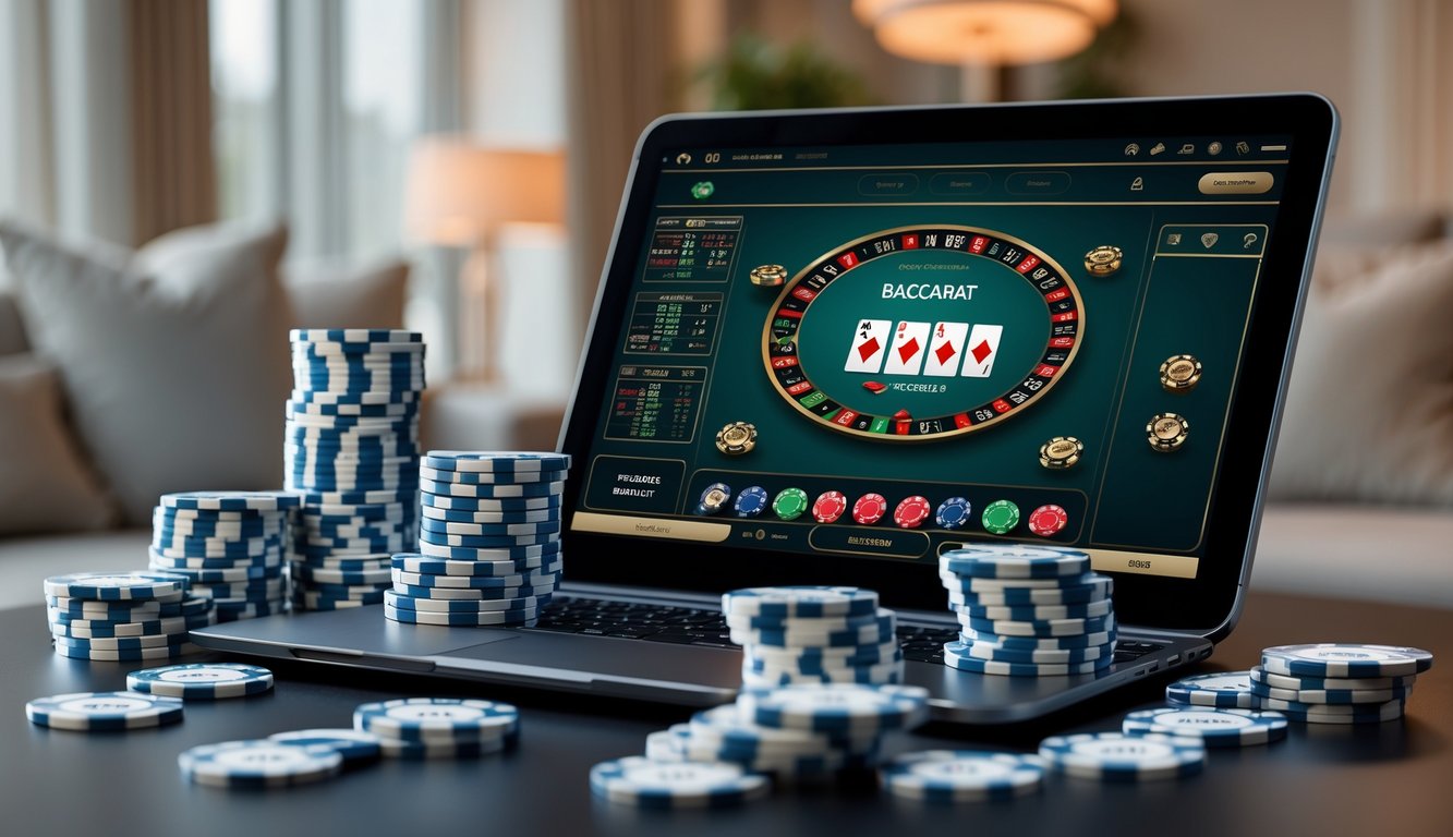 Seseorang sedang bermain baccarat online dengan uang asli menggunakan laptop di meja yang rapi dengan tumpukan uang dan chip poker di sekitarnya.