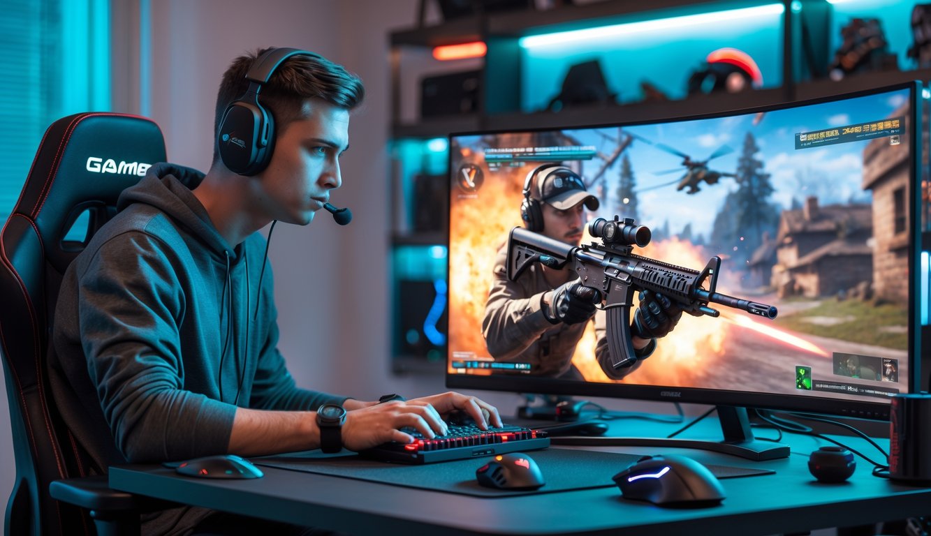 Seorang pemain muda sedang fokus bermain game tembak-tembakan di depan komputer dengan perlengkapan gaming lengkap di sebuah ruangan yang terang.