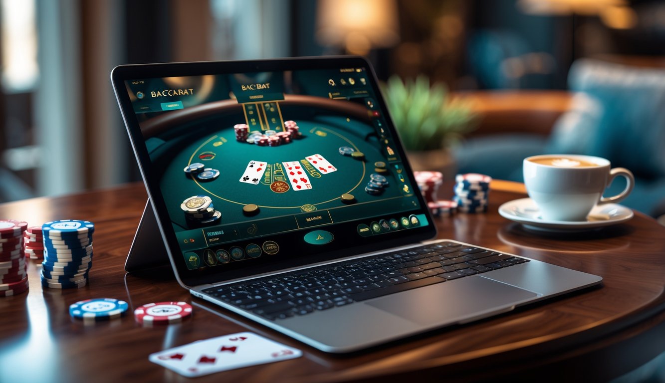 Seseorang bermain baccarat online menggunakan laptop di meja dengan chip kasino dan kartu remi.