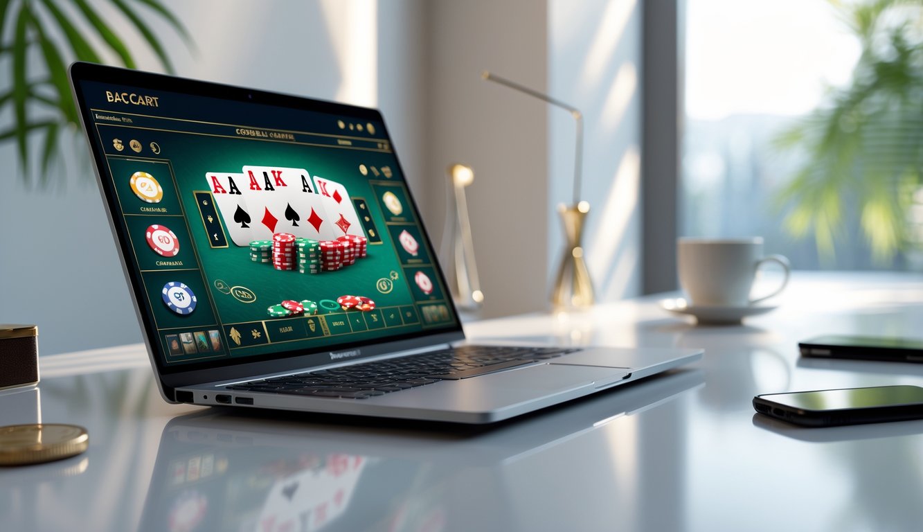 Sebuah laptop di meja modern menampilkan permainan baccarat online dengan kartu dan chip terlihat di layar.