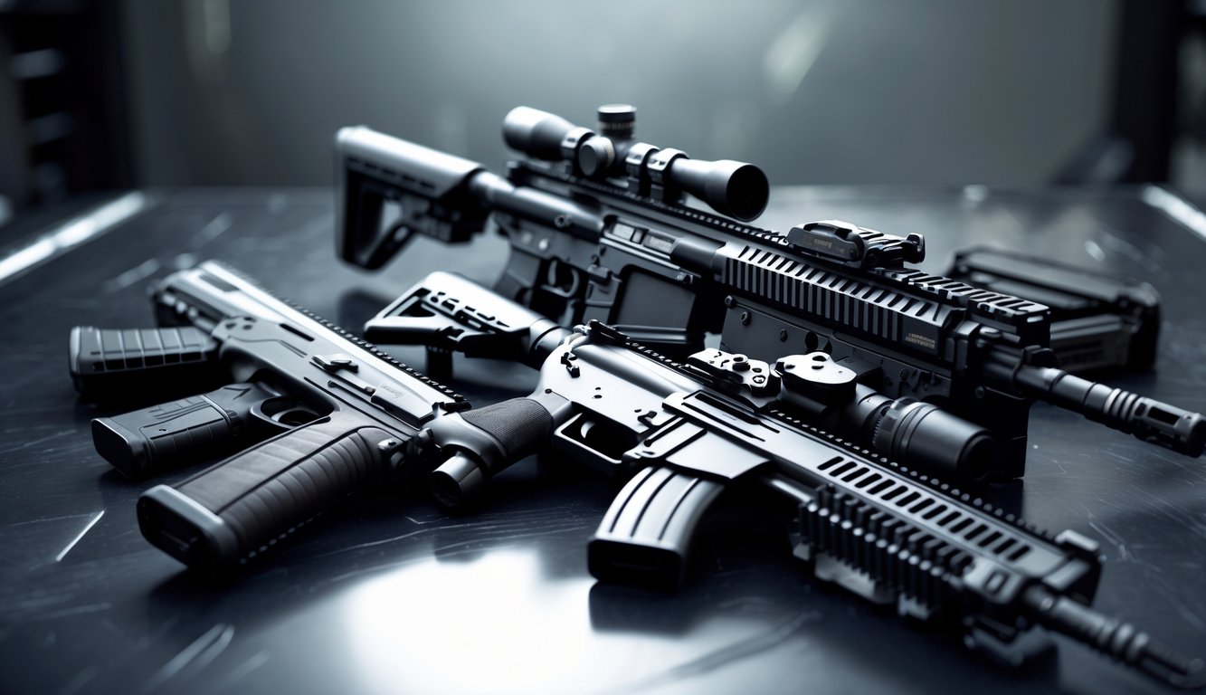 Beberapa senjata terbaik dari Counter Strike 2 yang tersusun rapi di atas permukaan taktis berwarna gelap.