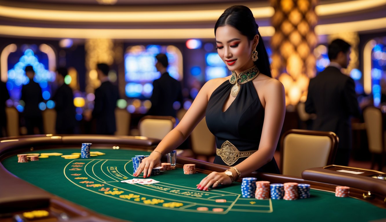 Seorang dealer wanita sedang membagikan kartu pada meja baccarat di kasino dengan suasana mewah dan pemain di latar belakang.