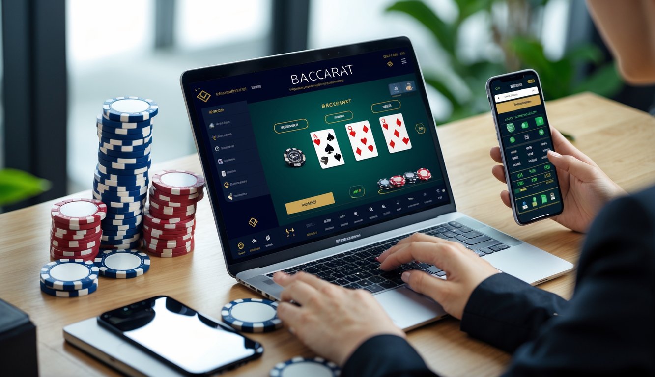 Seorang pemain sedang bermain baccarat online di depan laptop dengan kartu dan chip di meja.