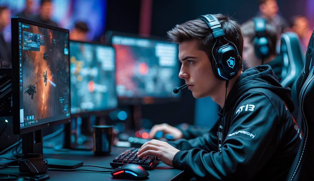 Seorang pemain esports yang fokus bermain Counter Strike 2 di meja gaming dengan beberapa monitor dan headset.