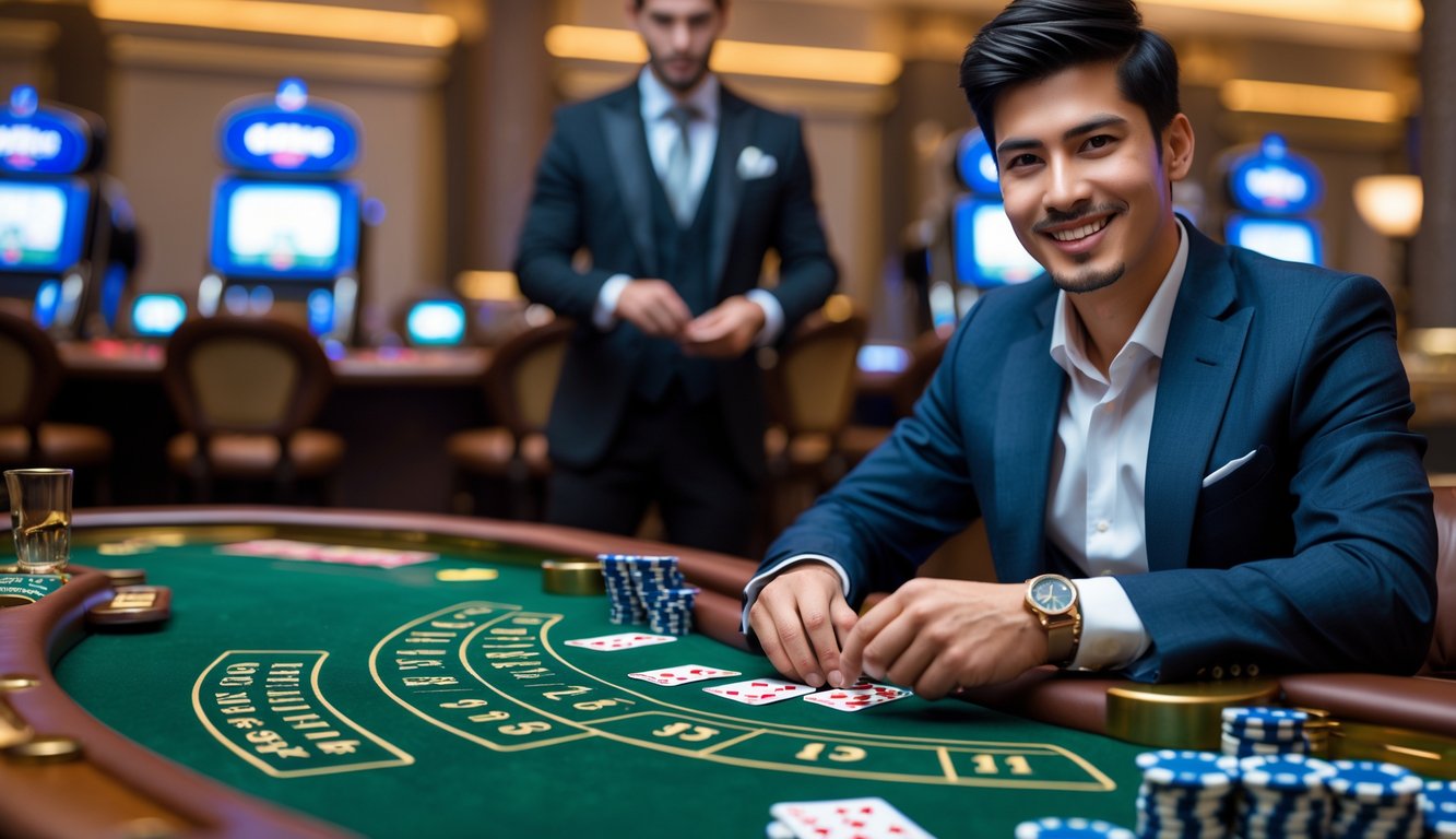 Seorang pemain muda duduk di meja baccarat dengan kartu dan chip, dealer berdiri di latar belakang di kasino.