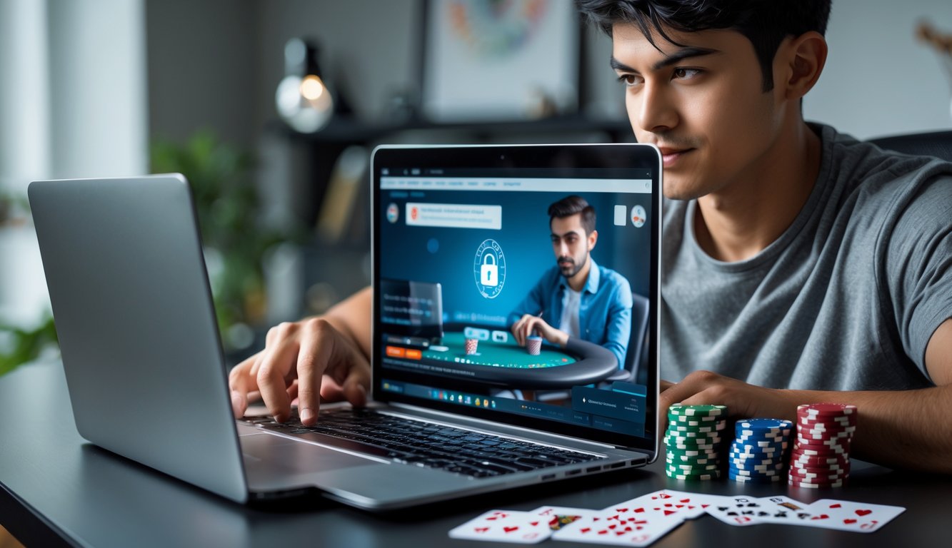 Seorang dewasa muda bermain poker online dengan laptop di ruang kerja modern yang rapi dan terang.