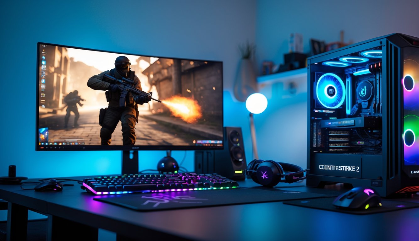 Sebuah setup gaming modern dengan komputer, monitor, keyboard, dan headset yang siap untuk bermain Counter Strike 2.