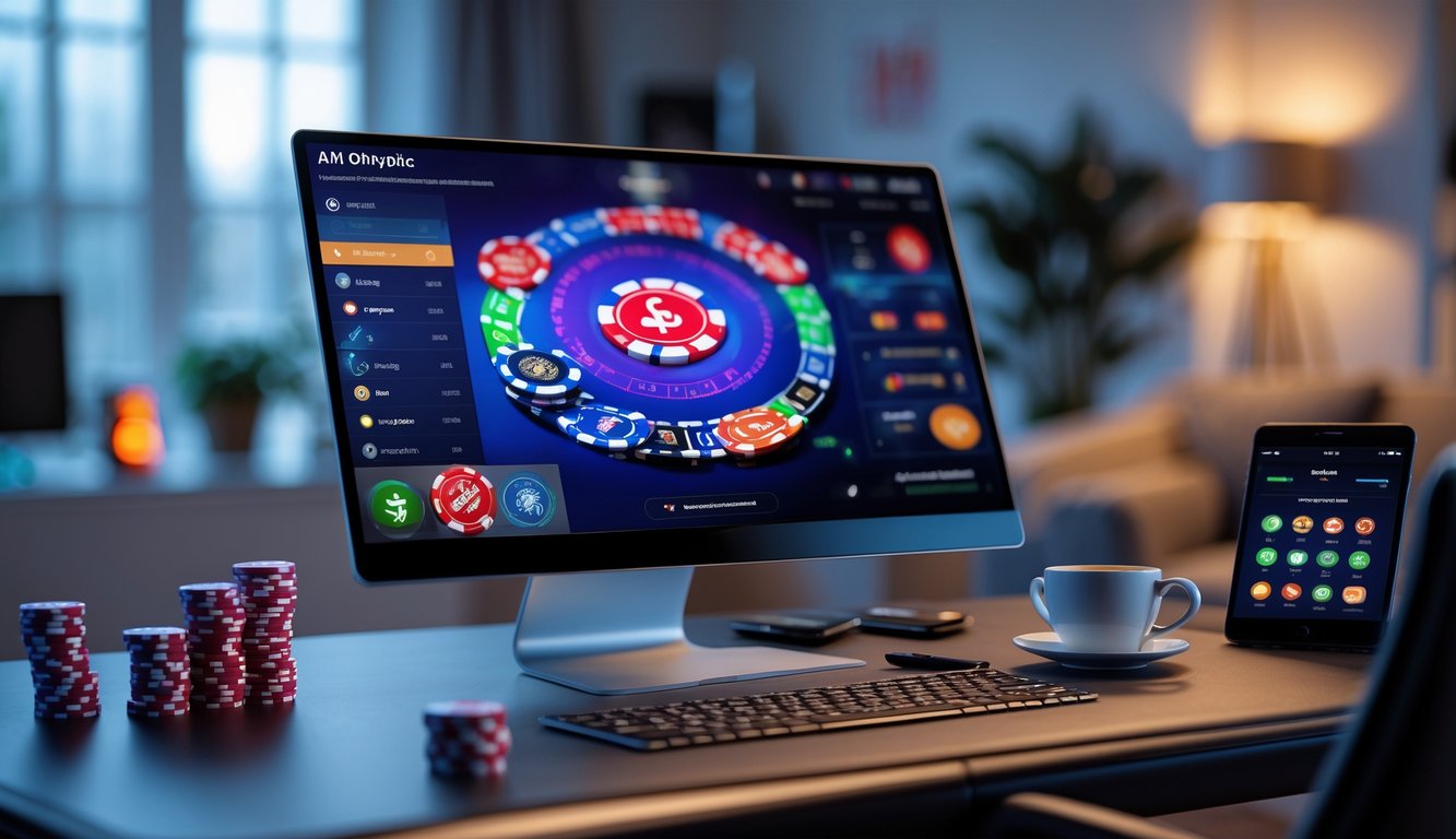 Seorang pemain duduk di depan komputer dengan permainan poker online yang menampilkan kartu dan chip poker di layar.