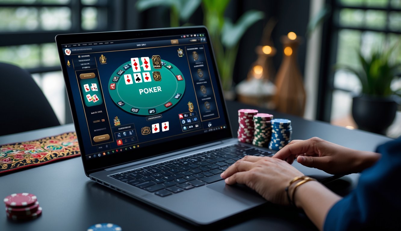 Seseorang bermain poker online di depan laptop dengan chip poker di tangan di sebuah meja kerja modern.