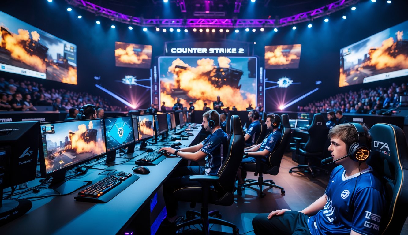 Suasana turnamen eSports Counter Strike 2 dengan pemain profesional sedang bermain di arena yang ramai dan penonton antusias.
